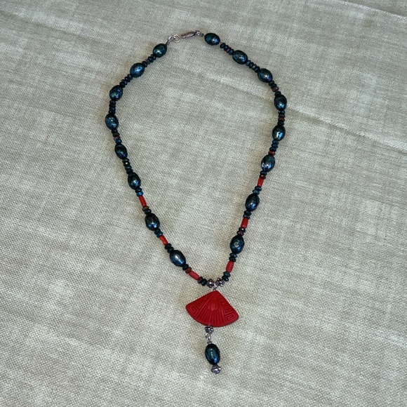 Handmade Artisan Pearl Necklace with Carved Fan Drop - Picture 6 of 8